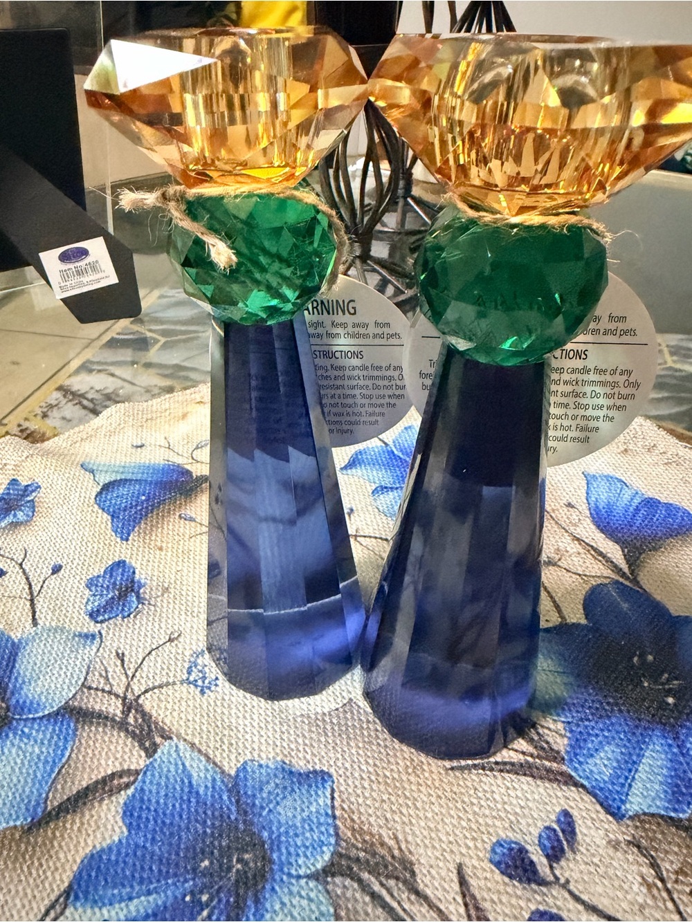 Blue Glass Candlestick Pair with Green and Amber Accents